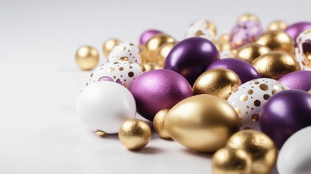 Luxury easter background with purple,white and golden eggs. Empty advertising place. Generative AIの素材