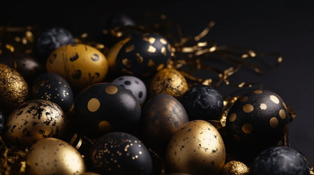 Happy Easter Luxury background with golden and black eggs. Generative AI.の素材