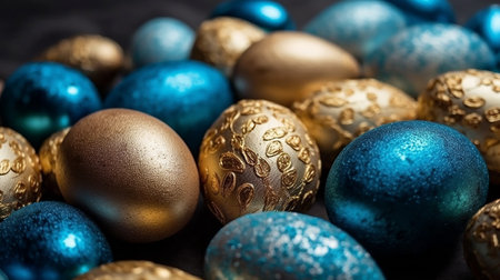Happy Easter Luxury background with golden and blue eggs. Generative AI.の素材