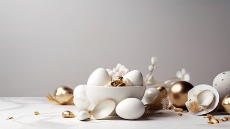 Happy Easter Luxury background with golden and white eggs. Empty advertising place. Generative AIの素材