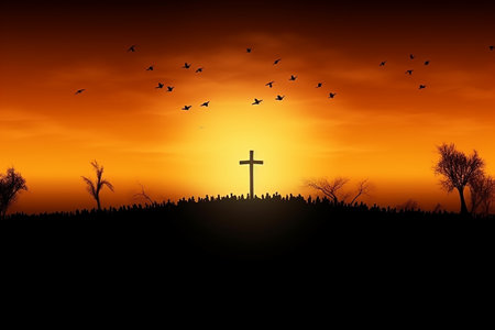 Illustration of good friday background with cross silhouette on golden sunset sky. Generative AIの素材