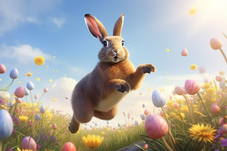 Happy Easter bunny jumping over colorful flowering spring meadow . Generative AI.の素材