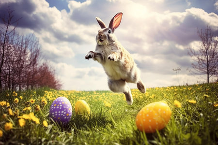 Happy Easter bunny jumping over colorful flowering spring meadow . Generative AI.の素材