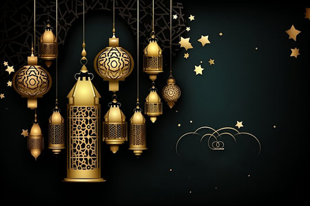 Luxury Islamic greetings ramadan kareem card or background with golden lanterns. Generative AI.の素材