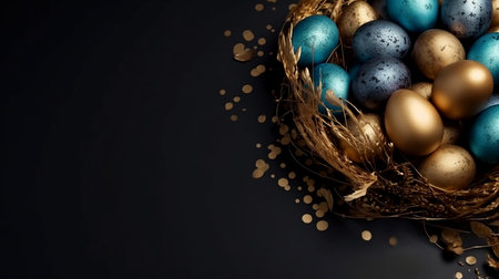 Happy Easter Luxury background with golden and blue eggs. Empty advertising place. Generative AIの素材