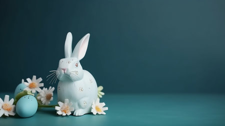 Easter blue background with bunny rabbit and eggs. Empty advertising place. Generative AIの素材