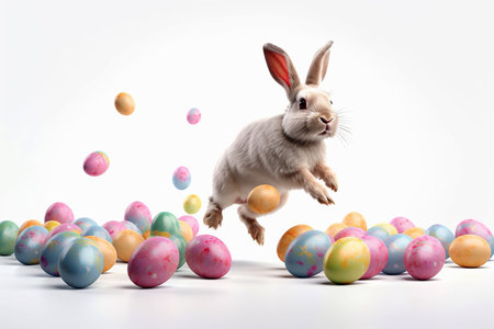 Illustration of happy Easter bunny jumping over colorful eggs on white background. Generative AI.の素材