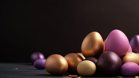 Happy Easter Luxury background with golden and purple eggs. Empty advertising place. Generative AIの素材