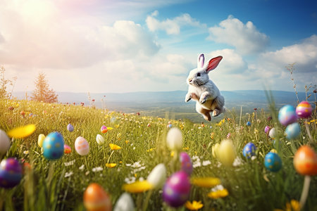 Happy Easter bunny jumping over colorful flowering spring meadow . Generative AI.の素材