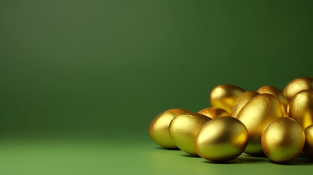 Luxury easter background with golden eggs on green. Empty advertising place. Generative AIの素材