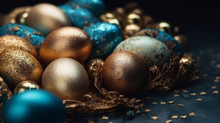 Happy Easter Luxury background with golden and blue eggs. Empty advertising place. Generative AIの素材
