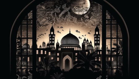 Black and white Islamic design in the style of ancient Islamic architecture.  Generative AI.の素材
