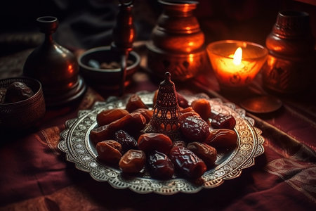 Delicious medjool dates ( kurma ) or sweet dried dates, ramadan food. Generative AI.の素材