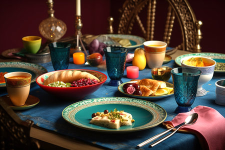 Table setting with colourful Ramadan halal food. Generative AI.の素材