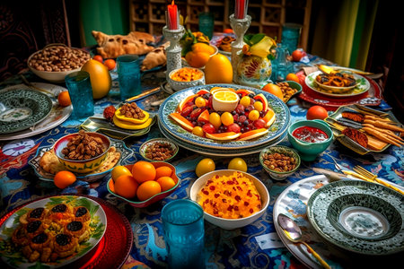 Table setting with colourful Ramadan halal food. Generative AI.の素材