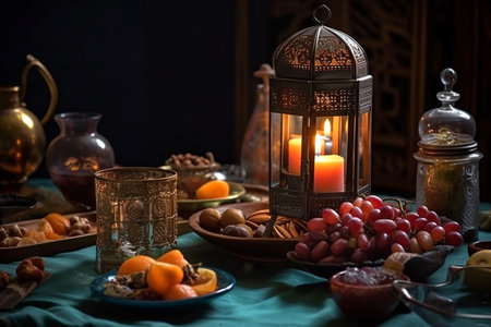 Table setting with colourful Ramadan halal food and burning candle. Generative AI.の素材