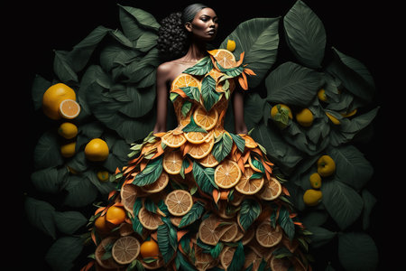 The black woman is wearing a fancy dress made of lemon and orange slices. Generative AI.の素材