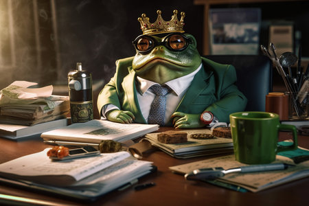 Serious company boss- frog with a king's crown on his head behind luxury workdesk. Generative AI.の素材