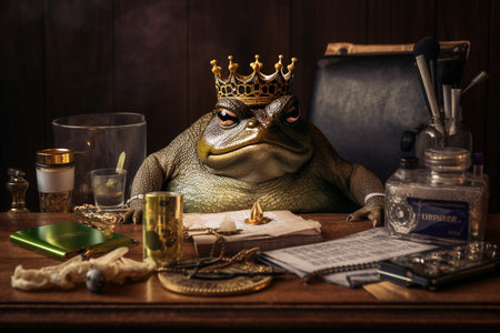 Serious company boss- frog with a king's crown on his head behind luxury workdesk. Generative AI.の素材