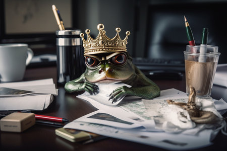 Serious company boss- frog with a king's crown on his head behind luxury workdesk. Generative AI.の素材