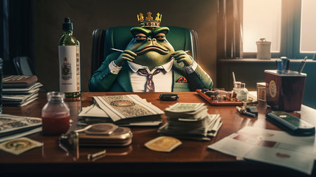Serious company boss- frog with a king's crown smoking behind luxury workdesk. Generative AI.の素材