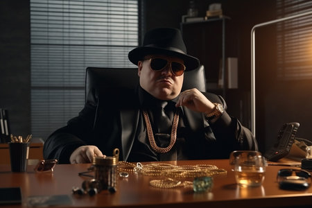 An angry mafia boss with gold chains sits at a table in a dark room. Generative AI.の素材