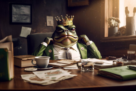Angry fat boss working with documents at office desk. Generative AI.の素材