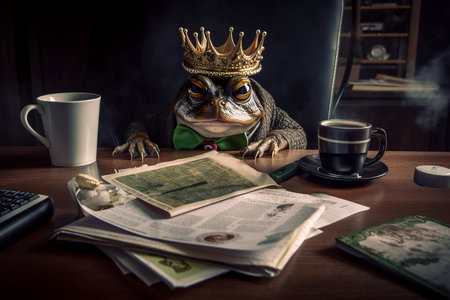 Serious company boss- frog with a king's crown on his head behind luxury workdesk. Generative AI.の素材