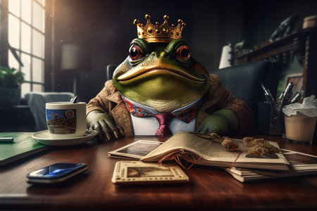 Angry fat boss working with documents at office desk. Generative AI.の素材