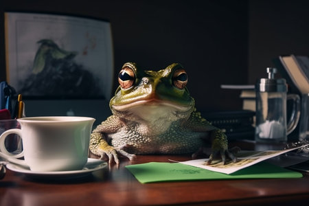 Green frog working at office desk. Generative AI.の素材