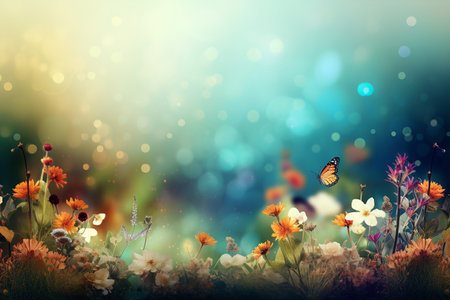 Beautiful spring summer landscape with colorful wildflowers and soft morning light. Generative AI.の素材