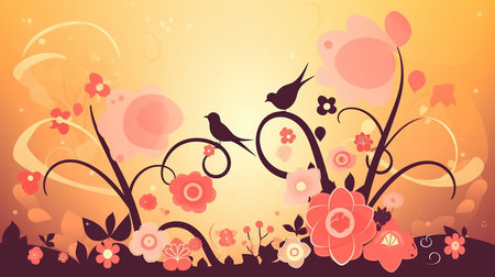 Mother's Day background with birds, pink flowers and free space for text copy. Generative AI.の素材