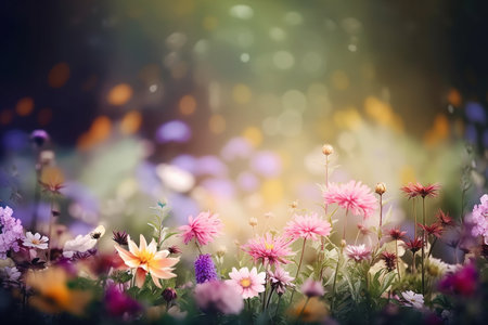 Beautiful spring summer landscape with colorful wildflowers and soft morning light. Generative AI.の素材