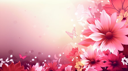 Mother's Day background with butterfly, pink flowers and free space for text copy. Generative AI.の素材