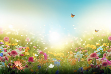 Beautiful spring summer landscape with wildflowers, butterflies and  morning light. Generative AI.の素材