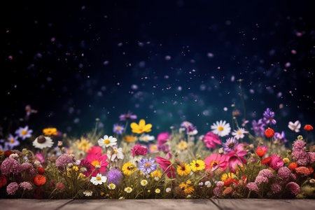 Beautiful spring summer landscape with colorful wildflowers and blue sky. Generative AI.の素材