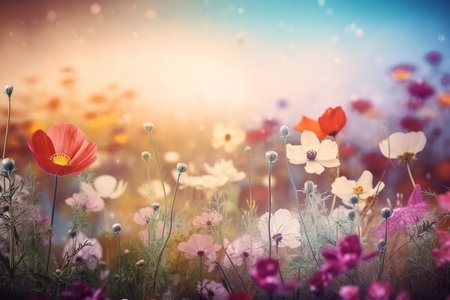 Soft spring summer landscape with colorful wildflowers and blue sky. Generative AI.の素材
