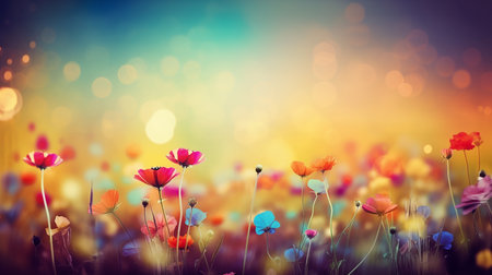 Beautiful spring summer landscape with colorful wildflowers and soft morning light. Generative AI.の素材