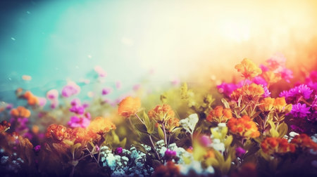 Soft spring summer landscape with colorful wildflowers and blue sky. Generative AI.の素材