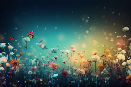 Beautiful spring summer landscape with wildflowers, butterflies and  morning light. Generative AI.の素材