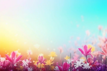 Soft spring summer landscape with colorful wildflowers and blue sky. Generative AI.の素材