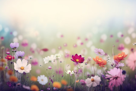 Beautiful spring summer landscape with colorful wildflowers and blue sky. Generative AI.の素材