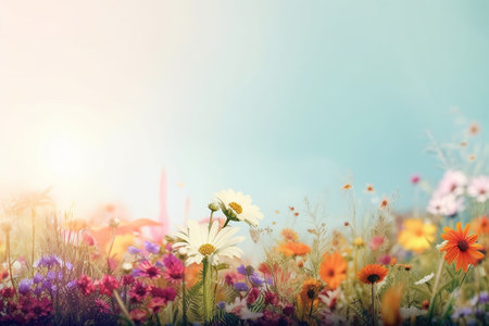 Beautiful spring summer landscape with colorful wildflowers and blue sky. Generative AI.の素材