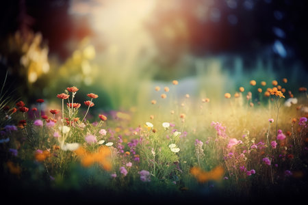Beautiful spring summer landscape with colorful wildflowers and soft morning light. Generative AI.の素材