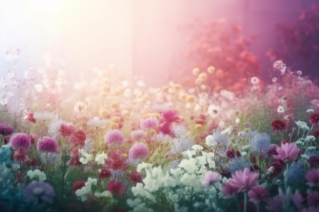 Beautiful spring summer landscape with colorful wildflowers and soft morning light. Generative AI.の素材