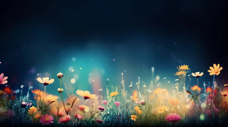 Soft spring summer landscape with colorful wildflowers and blue sky. Generative AI.の素材