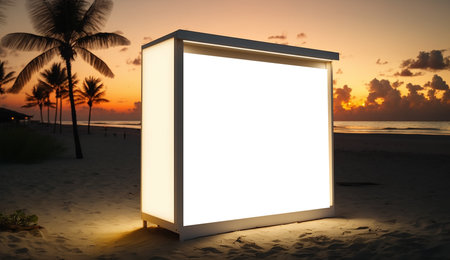Blank advertising billboard on the tropical beach landscape during sunset. Generative AI.の素材
