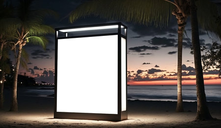 Blank advertising billboard on the tropical beach landscape during sunset. Generative AI.の素材