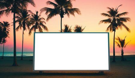 Blank advertising billboard on the tropical beach landscape during sunset. Generative AI.の素材