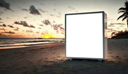 Blank advertising billboard on the tropical beach landscape during sunset. Generative AI.の素材